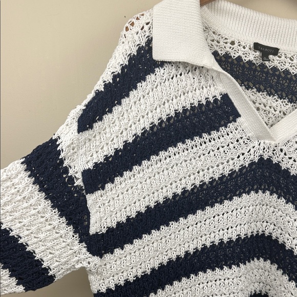 TALBOTS OPEN KNIT Striped Navy and White Women's Sweater with collar - Picture 5 of 14